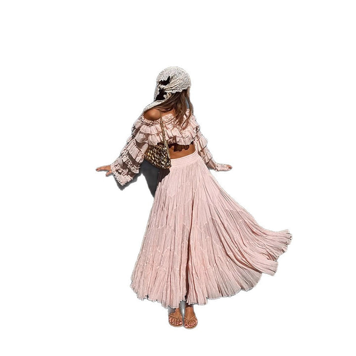 Damen Boho Zweiteiler mit bauchfreiem Volant-Top und plissiertem Maxirock Drune