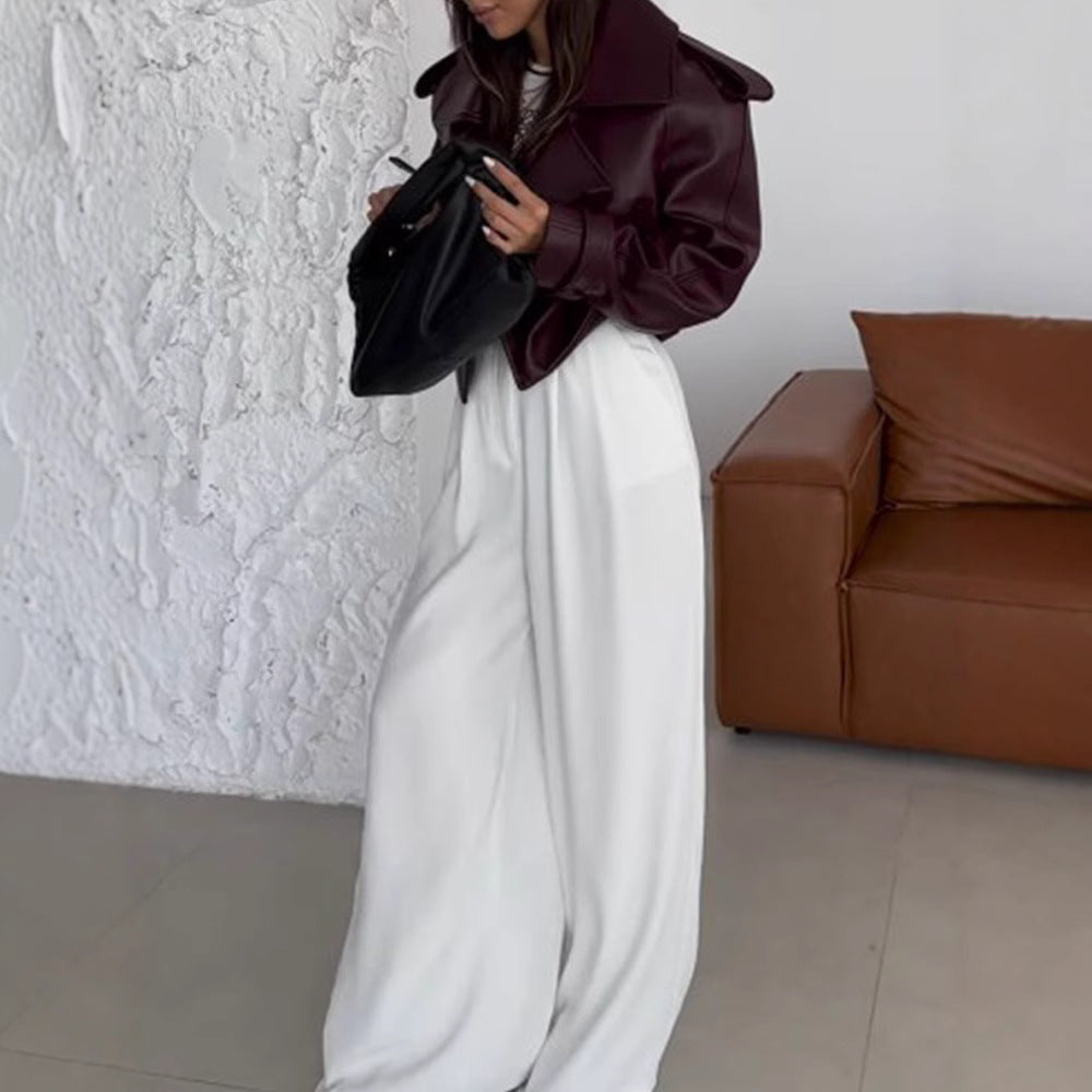 Damen Kunstlederjacke im modischen Biker-Stil mit breitem Revers Drune