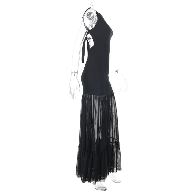 Damen Elegantes Maxikleid mit transparenten Einsätzen und Rüschendetails Drune