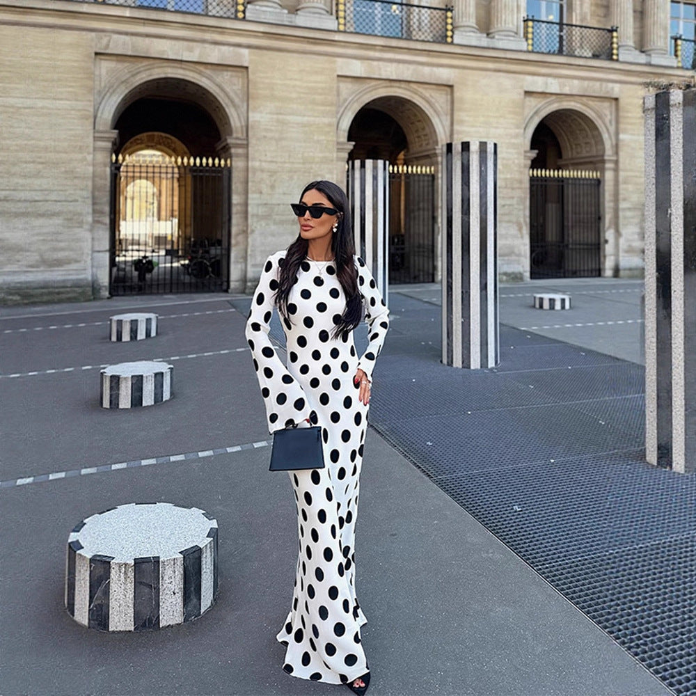 Damen Figurbetontes Polka-Dot Maxikleid mit Trompetenärmeln & Rundhalsausschnitt Drune