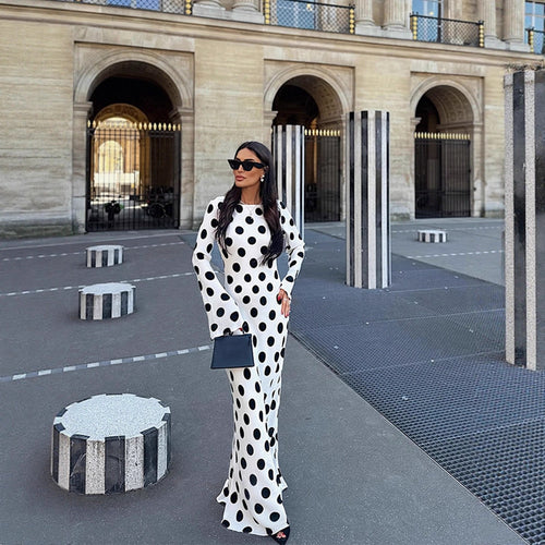Damen Figurbetontes Polka-Dot Maxikleid mit Trompetenärmeln & Rundhalsausschnitt Drune