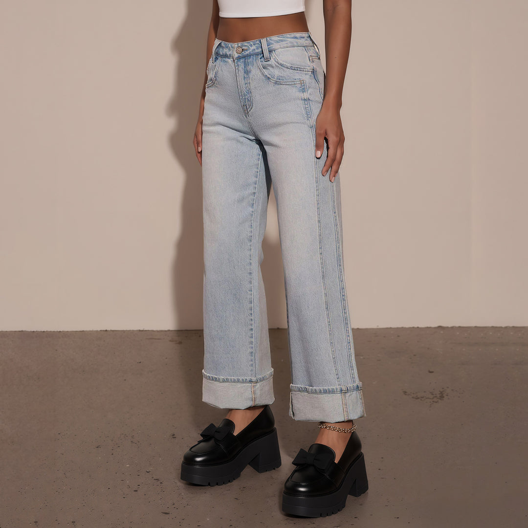 Damen Hochtaillierte weite Jeans mit extra breitem Umschlag Drune