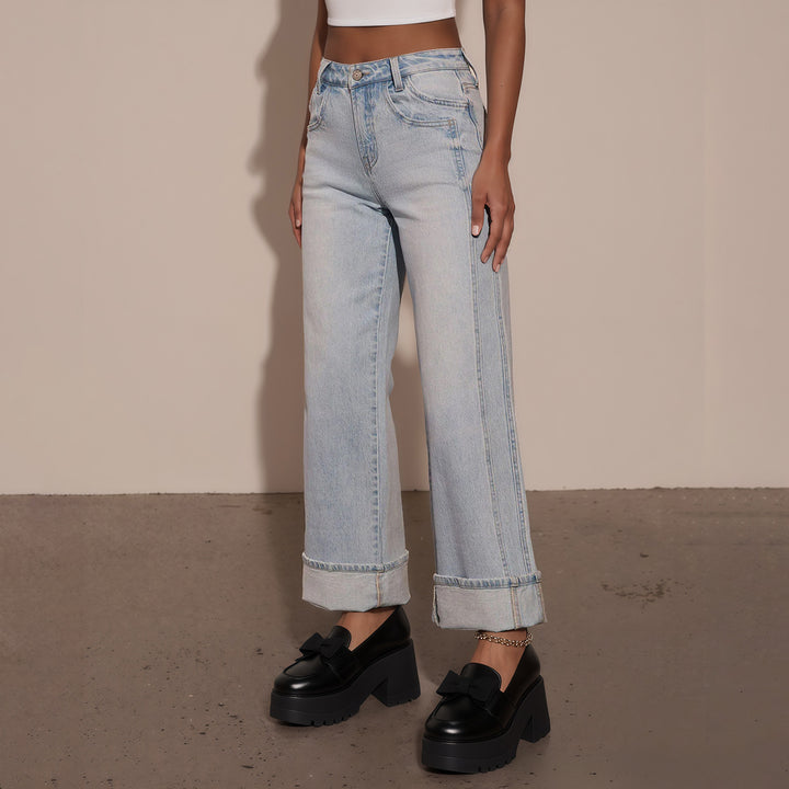 Damen Hochtaillierte weite Jeans mit extra breitem Umschlag Drune