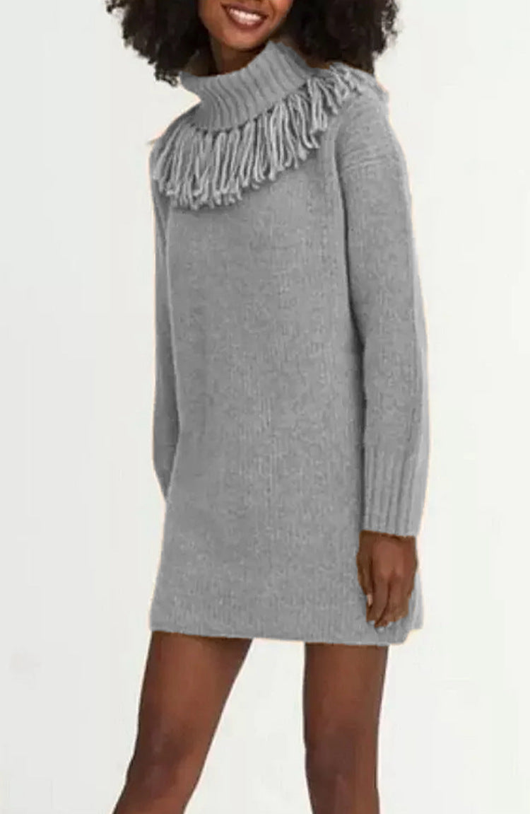 Damen Strickkleid mit hohem Rollkragen und modischen Fransen Drune