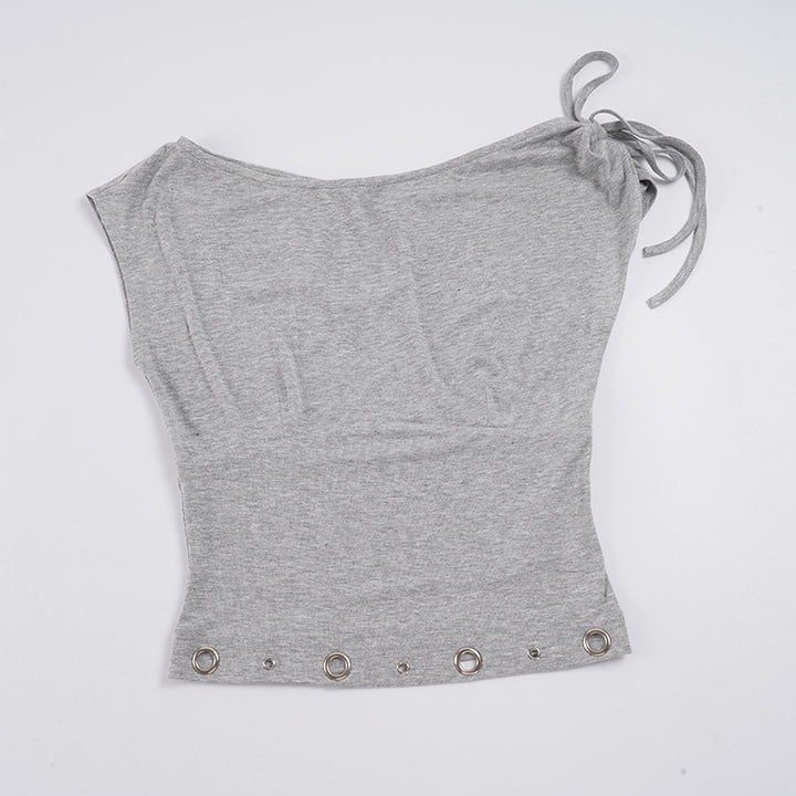 Damen asymmetrisches Oberteil mit dekorativen Schnürdetails und metallischen Ösen Drune