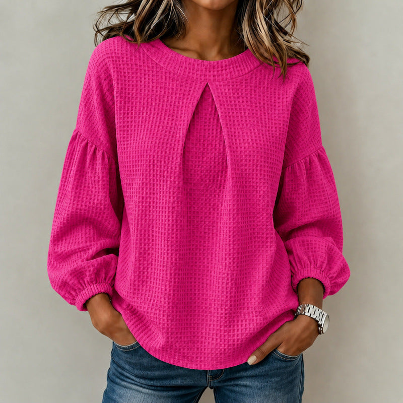 Damen Lockeres Waffelstrick-Sweatshirt mit Vorderfalte und Ballonärmeln Drune