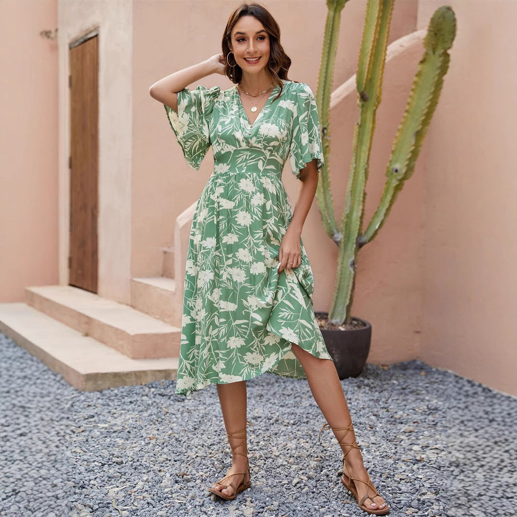 Damen fließendes Midikleid mit Blumendesign Drune