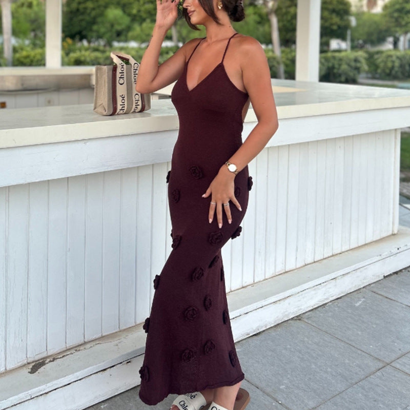 Damen Elegantes gehäkeltes Maxikleid mit floralen Applikationen Drune