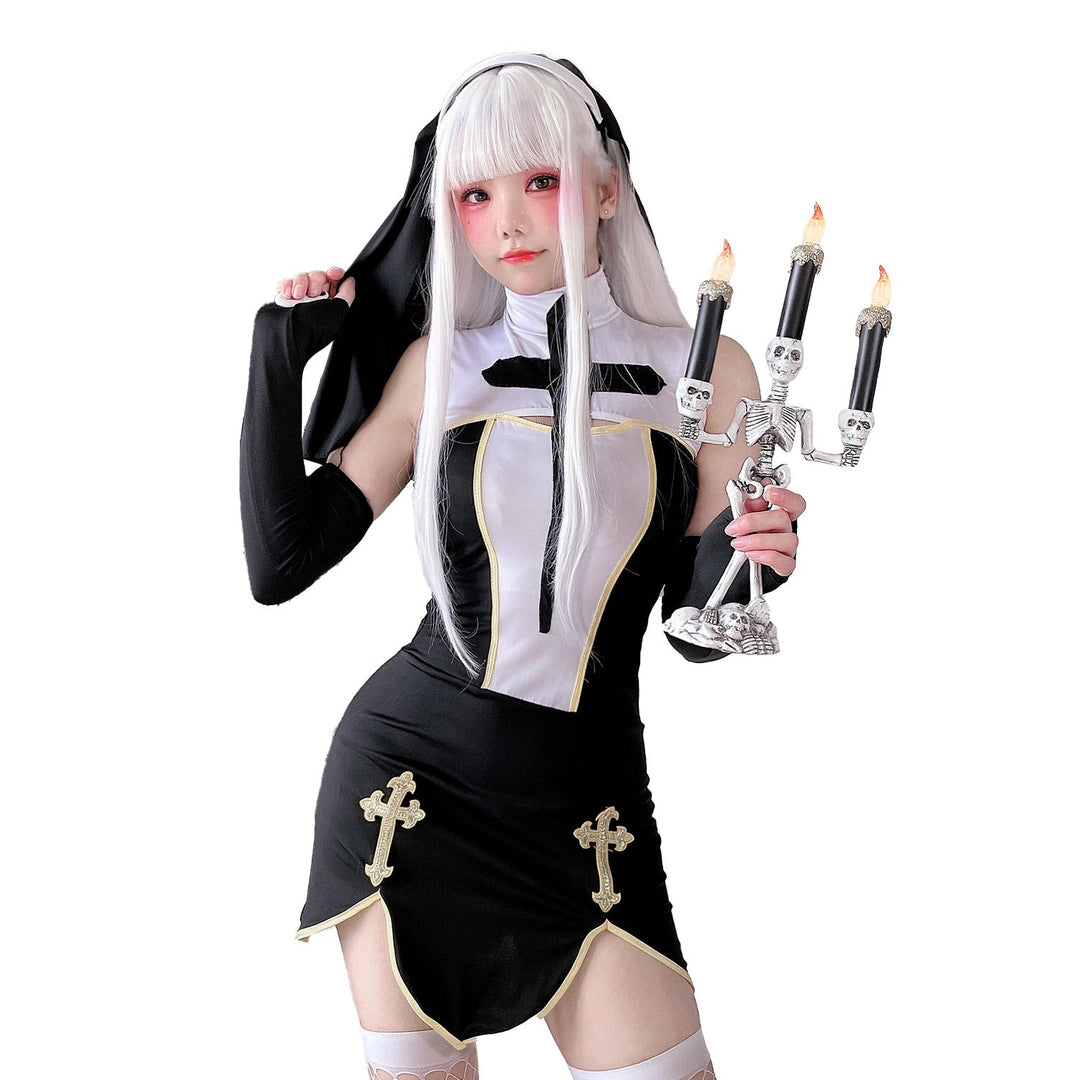 Damen Gothic Minikleid mit Spitzenärmeln und Kreuzdetails Drune