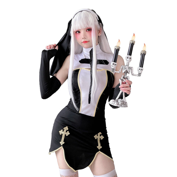 Damen Gothic Minikleid mit Spitzenärmeln und Kreuzdetails Drune