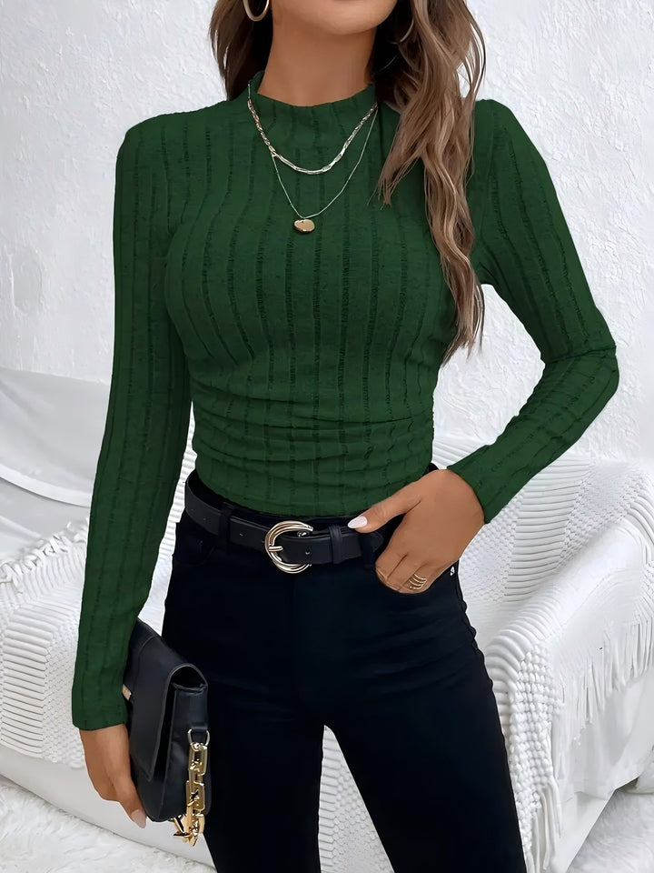 Damen Figurnahes geripptes Langarmshirt mit Stehkragen und Strukturstreifen Drune