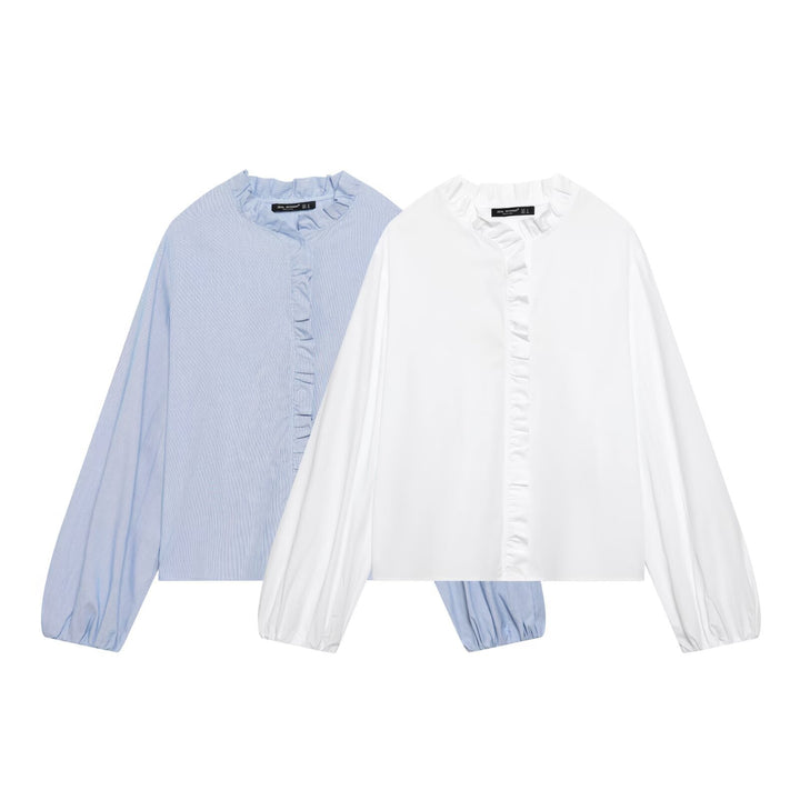 Damen Gestreifte Cropped-Bluse mit Rüschendetail und Ballonärmeln Drune