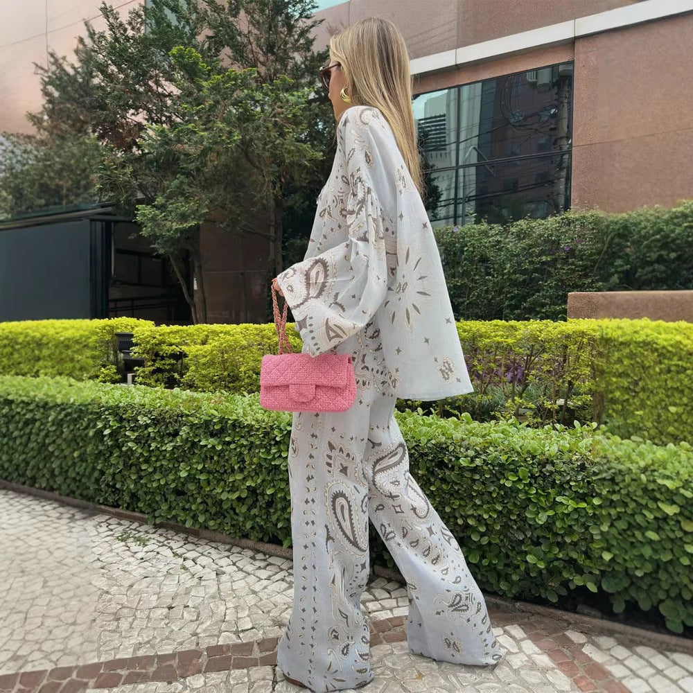Damen weite Palazzo-Hose mit Paisley‑Print, elastischem Bund & Eingrifftaschen Drune