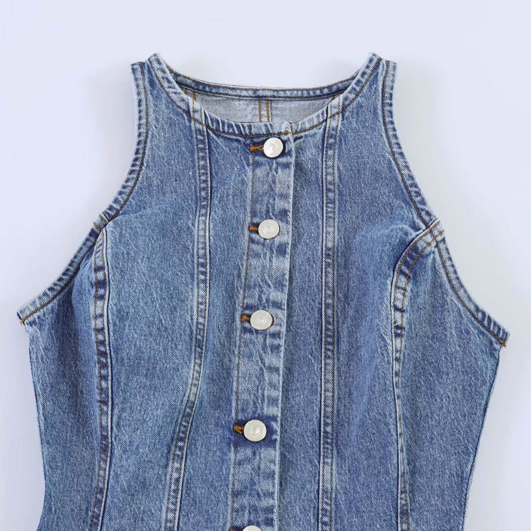 Damen Jeanskleid mit geflochtenem Knoten und durchgehender Knopfleiste Drune