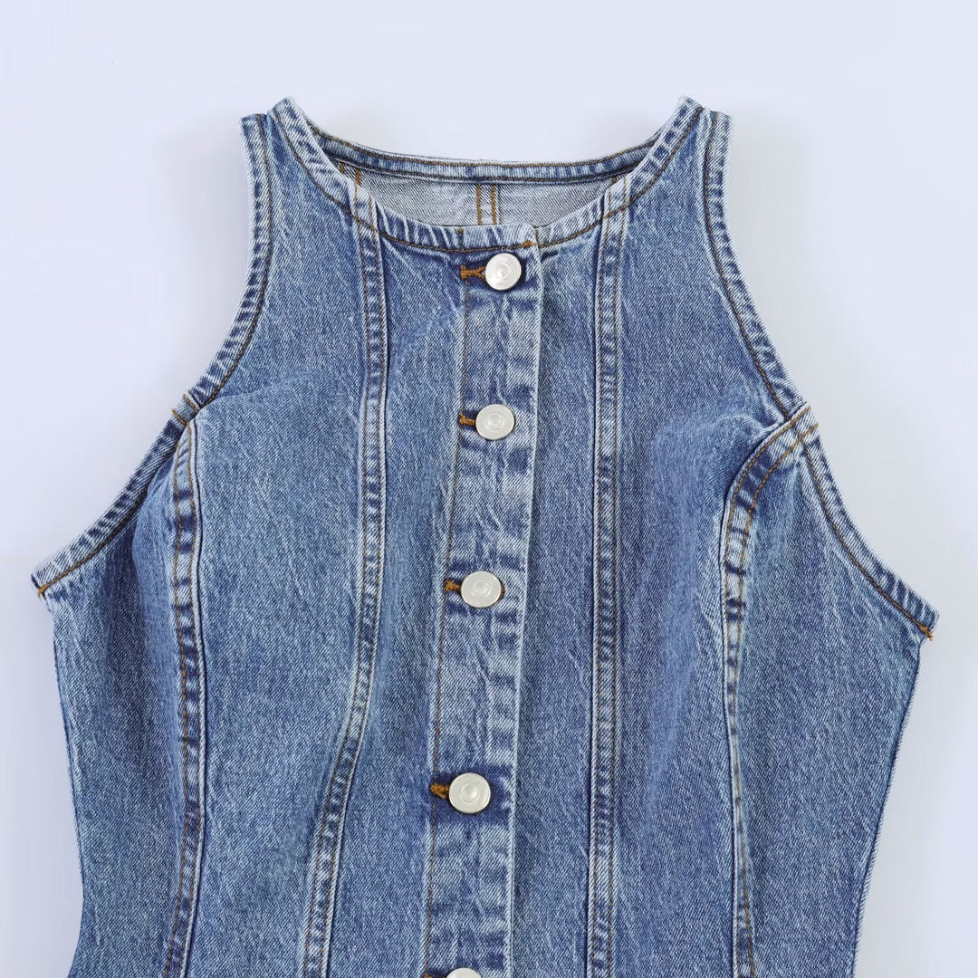 Damen Jeanskleid mit geflochtenem Knoten und durchgehender Knopfleiste Drune