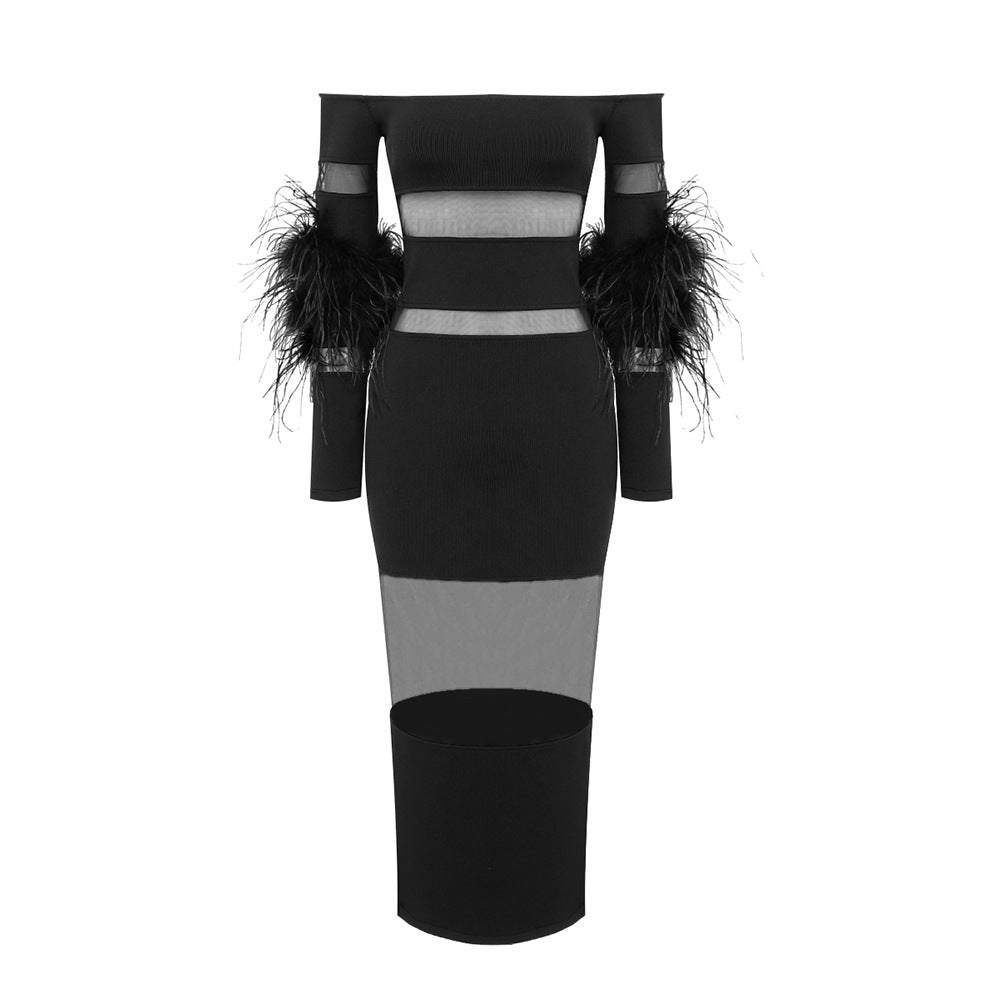Damen Elegantes Kleid mit transparenten Einsätzen und federverzierten Ärmeln Drune