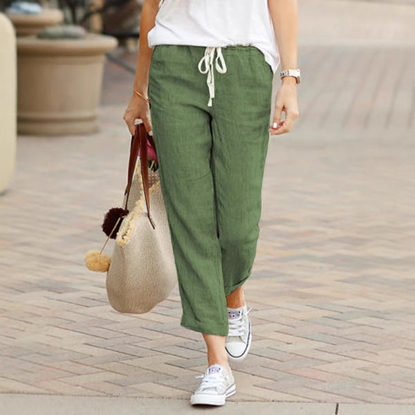 Damen nan leichte Leinenmisch-Hose mit Kordelzug, lockerer Culotte-Schnitt und knöchellangem Saum Drune