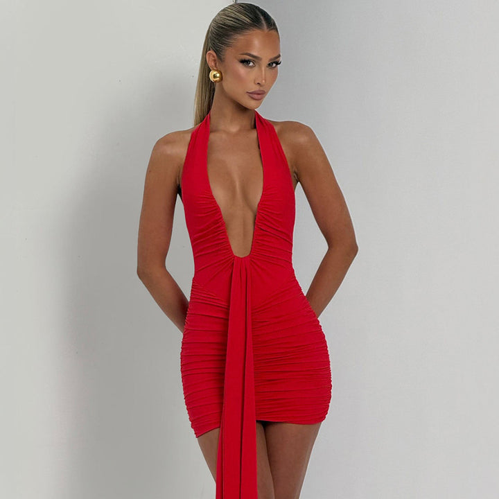 Damen Elegantes Wickelkleid mit tiefem V-Ausschnitt und raffiniertem Faltenwurf Drune