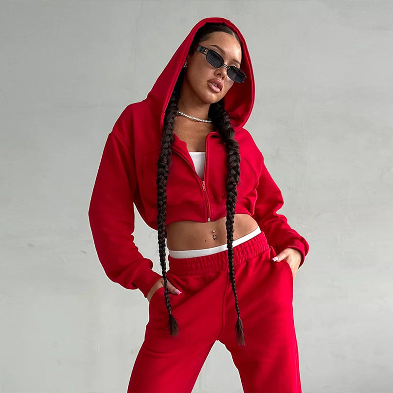 Damen kurzes Zip-Kapuzensweatshirt mit tailliertem Bündchen und weitem High‑Waist French‑Terry Jogginghose Set Drune