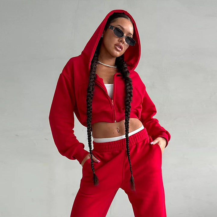 Damen kurzes Zip-Kapuzensweatshirt mit tailliertem Bündchen und weitem High‑Waist French‑Terry Jogginghose Set Drune