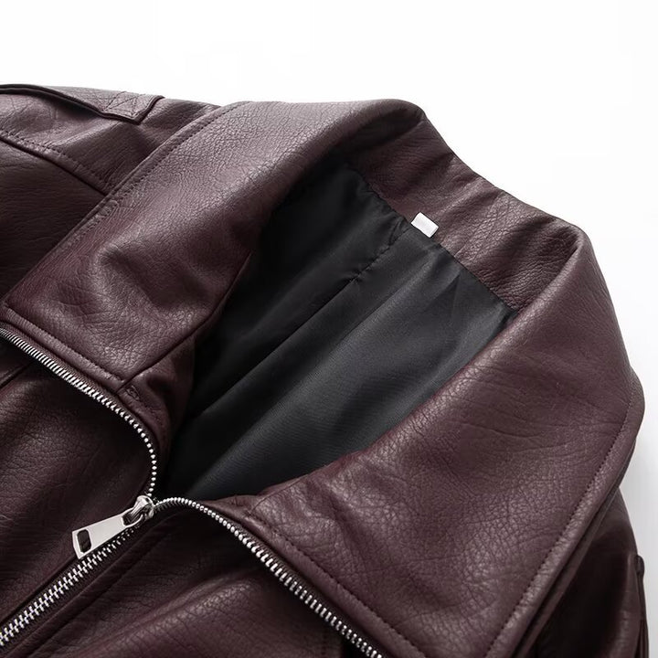 Damen Kunstleder Bikerjacke mit asymmetrischem Reißverschluss und Taillengürtel Drune