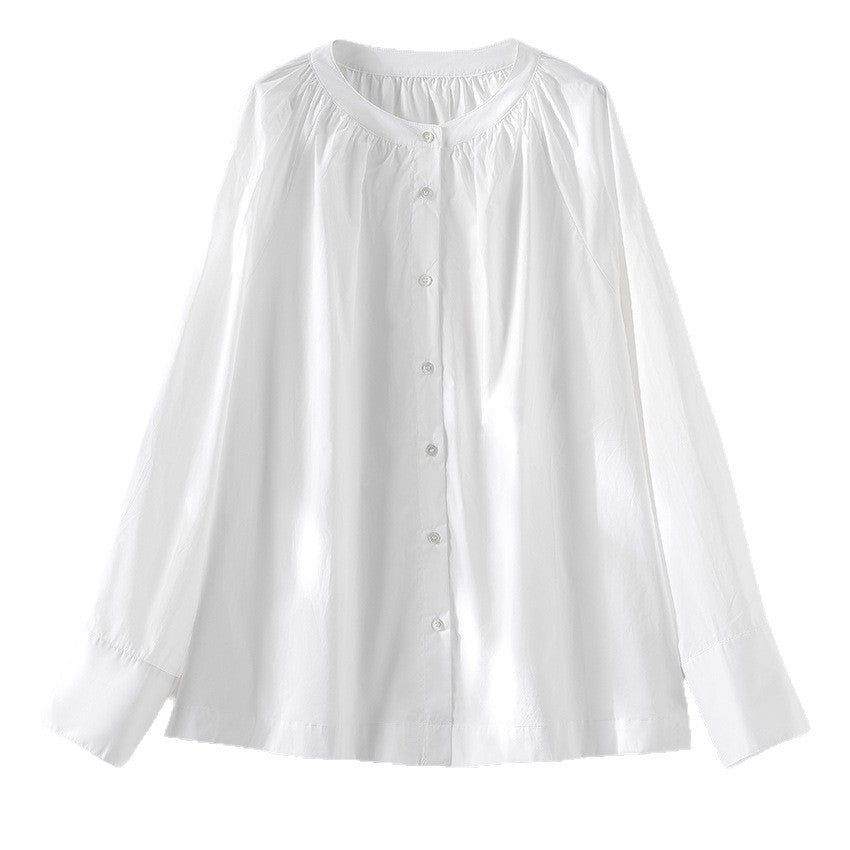Damen Bluse mit Rundhalsausschnitt, durchgehender Knopfleiste und geraffter Passe Drune