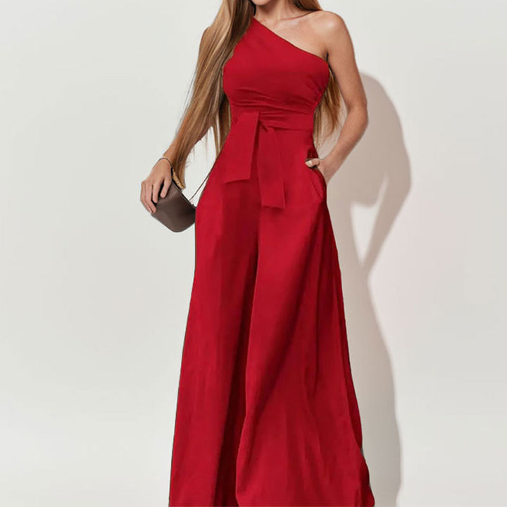Damen Eleganter One-Shoulder Jumpsuit mit Taillengürtel und weiten Beinen Drune
