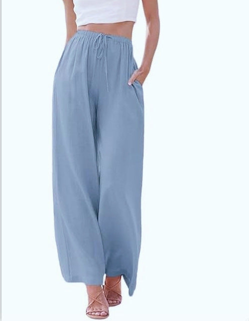 Damen nan weite Leinenhose mit elastischem Bund Kordel und Seitentaschen Drune