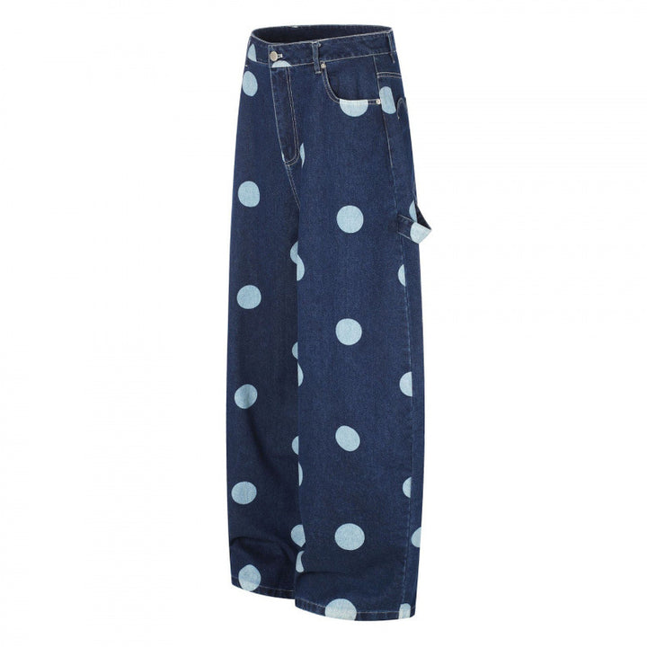 Damen Weite Cropped-Jeans mit hoher Taille, Polka‑Dot‑Print und Carpenter‑Details Drune