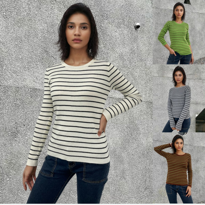 Damen Rippstrickpullover mit Streifenmuster und langen Ärmeln Drune