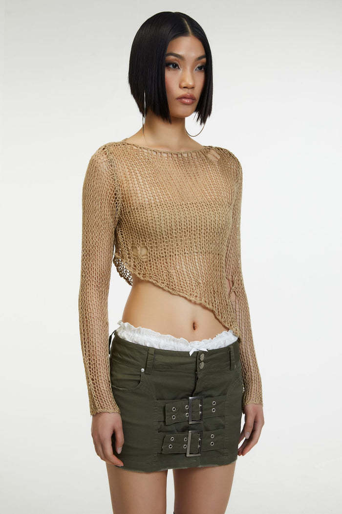 Damen luftiges Strickoberteil mit fransigen Details und asymmetrischem Schnitt Drune