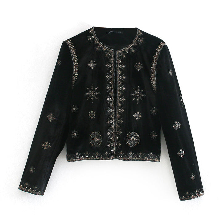 Damen Kurze bestickte Samtjacke mit Perlen- und Paillettenverzierung Drune
