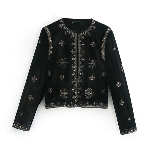 Damen Kurze bestickte Samtjacke mit Perlen- und Paillettenverzierung Drune