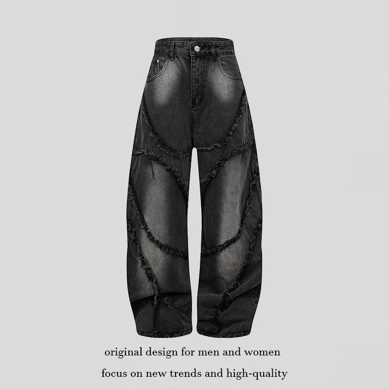 Damen Baggy-Jeans mit hohem Bund, ballonförmiger Weite und ausgefransten Patchnähten Drune