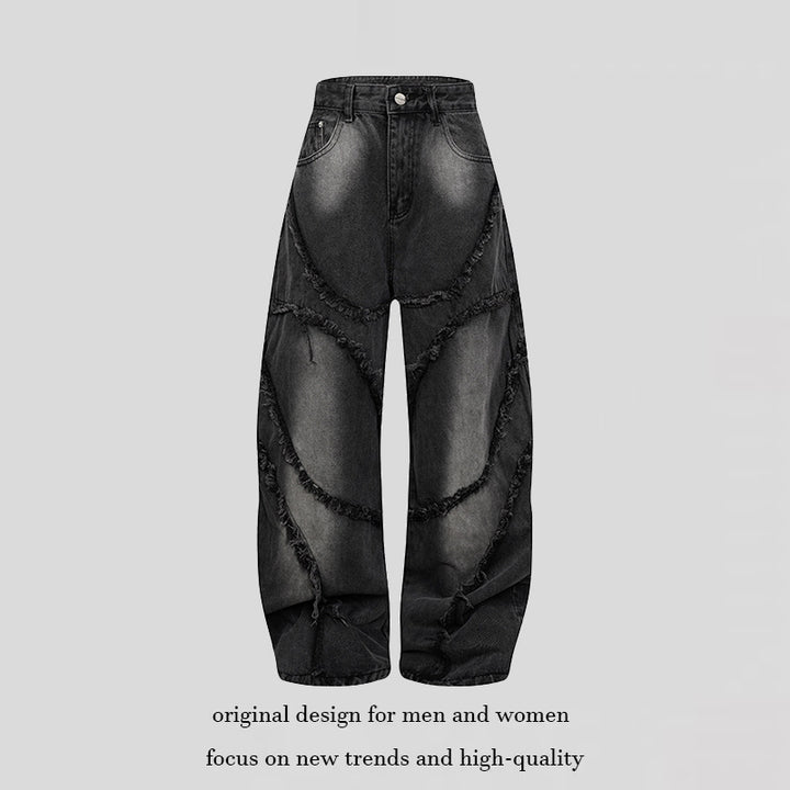 Damen Baggy-Jeans mit hohem Bund, ballonförmiger Weite und ausgefransten Patchnähten Drune