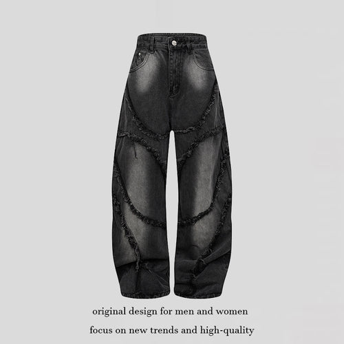 Damen Baggy-Jeans mit hohem Bund, ballonförmiger Weite und ausgefransten Patchnähten Drune