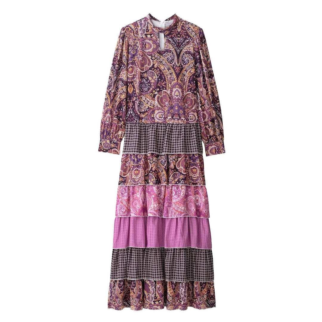 Damen nan gestuftes Maxikleid mit Paisley‑Patchwork, Schleifenkragen und langen Manschettenärmeln Drune