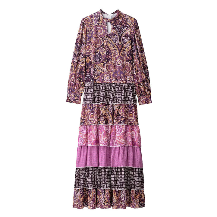 Damen nan gestuftes Maxikleid mit Paisley‑Patchwork, Schleifenkragen und langen Manschettenärmeln Drune