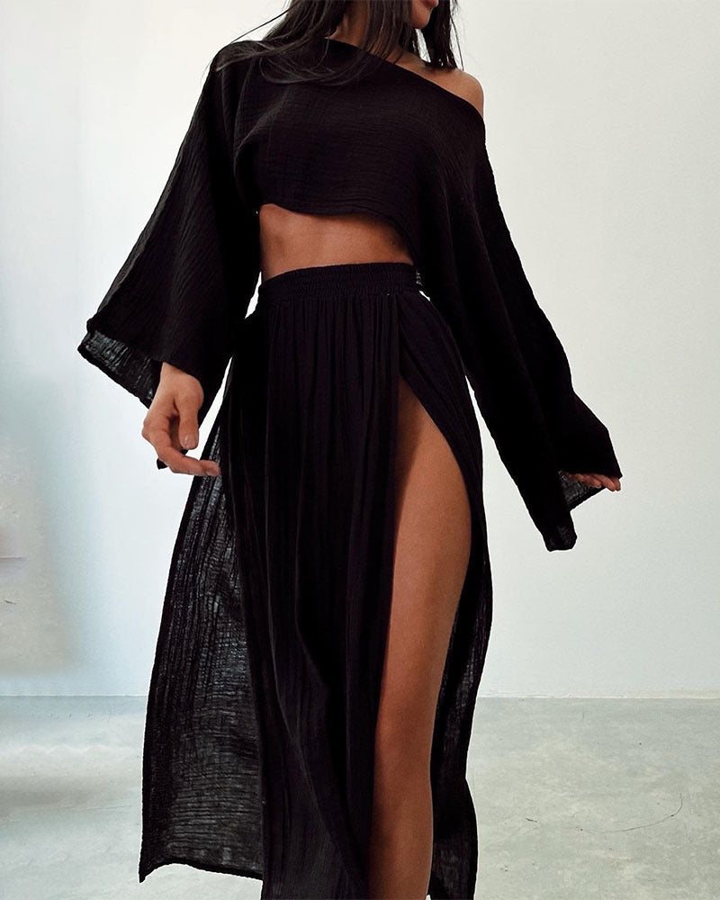 Damen luftiges Set aus cropped Oberteil und hoch geschnittenem Rock Drune