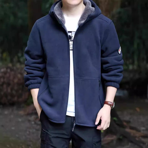 Herren Kapuzen-Fleecejacke mit Sherpa-Innenfutter, Zwei-Wege-Reißverschluss und windabweisender Front Drune