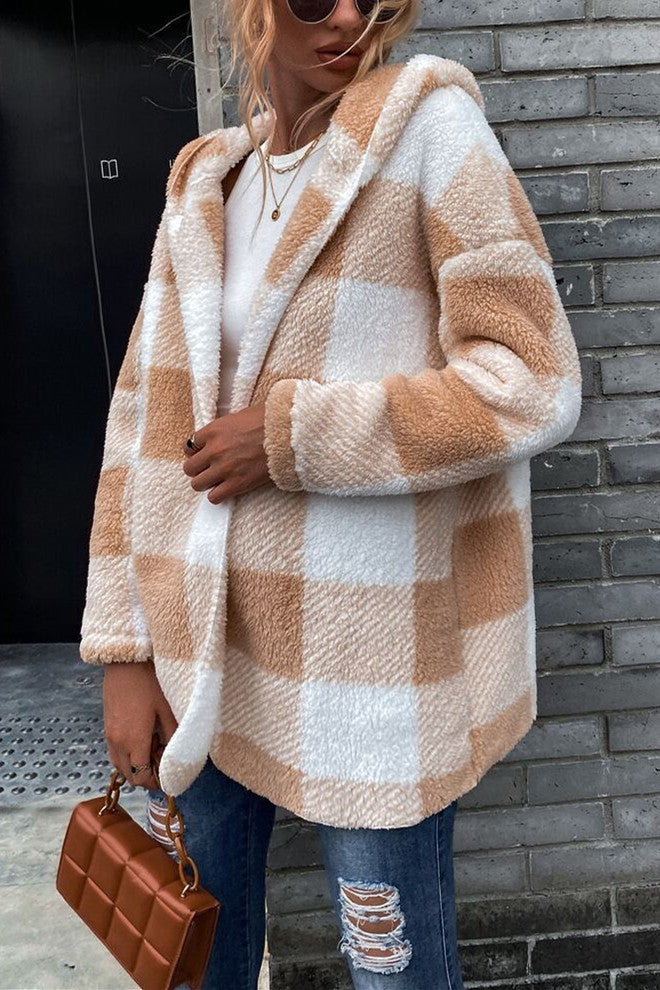 Drune | Lamm Lockerer Kapuzen Plaid Strickjacke Jacke