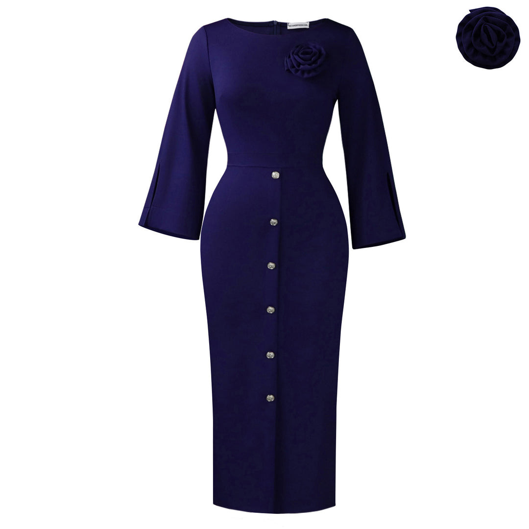 Damen Elegantes Midikleid mit dekorativem Knopfverschluss und floralem Detail Drune