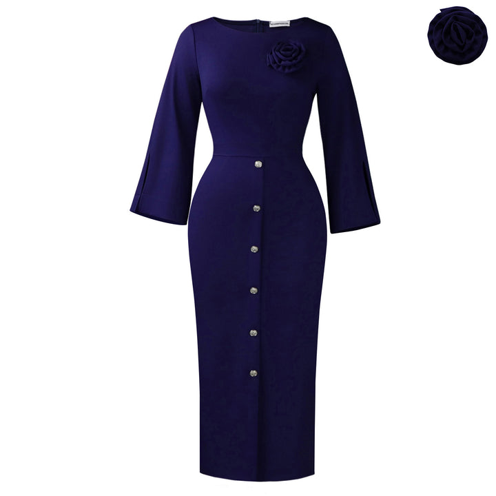 Damen Elegantes Midikleid mit dekorativem Knopfverschluss und floralem Detail Drune