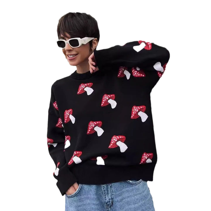 Damen Strickpullover mit verspieltem Pilzmotiv Drune