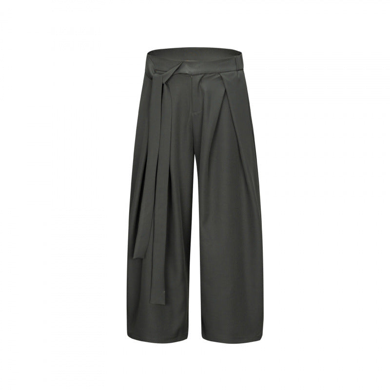 Damen Weite Culotte-Hose mit hoher Taille, Bundfalten und Bindegürtel Drune