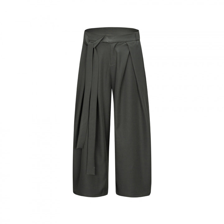Damen Weite Culotte-Hose mit hoher Taille, Bundfalten und Bindegürtel Drune
