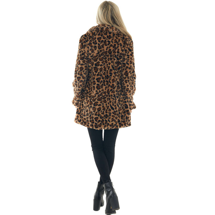 Damen Kunstfell Leopardenmuster Kapuzen Plüsch Mid-Length Mantel Drune
