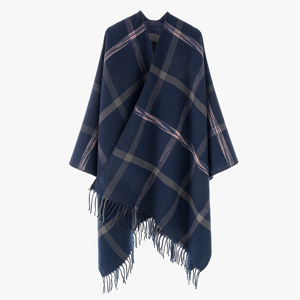 Damen Grobkarierter Wolloptik‑Poncho im Cape‑Schnitt mit lockerem Fall und Fransen Drune