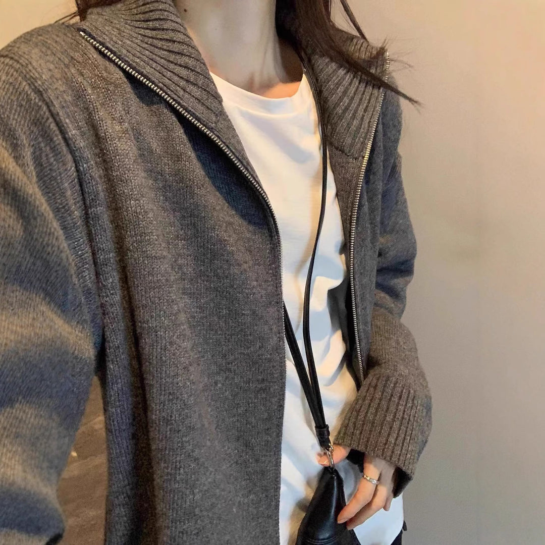 Damen doppelreihiger Strickjacke mit hohem Kragen und praktischen Taschen Drune