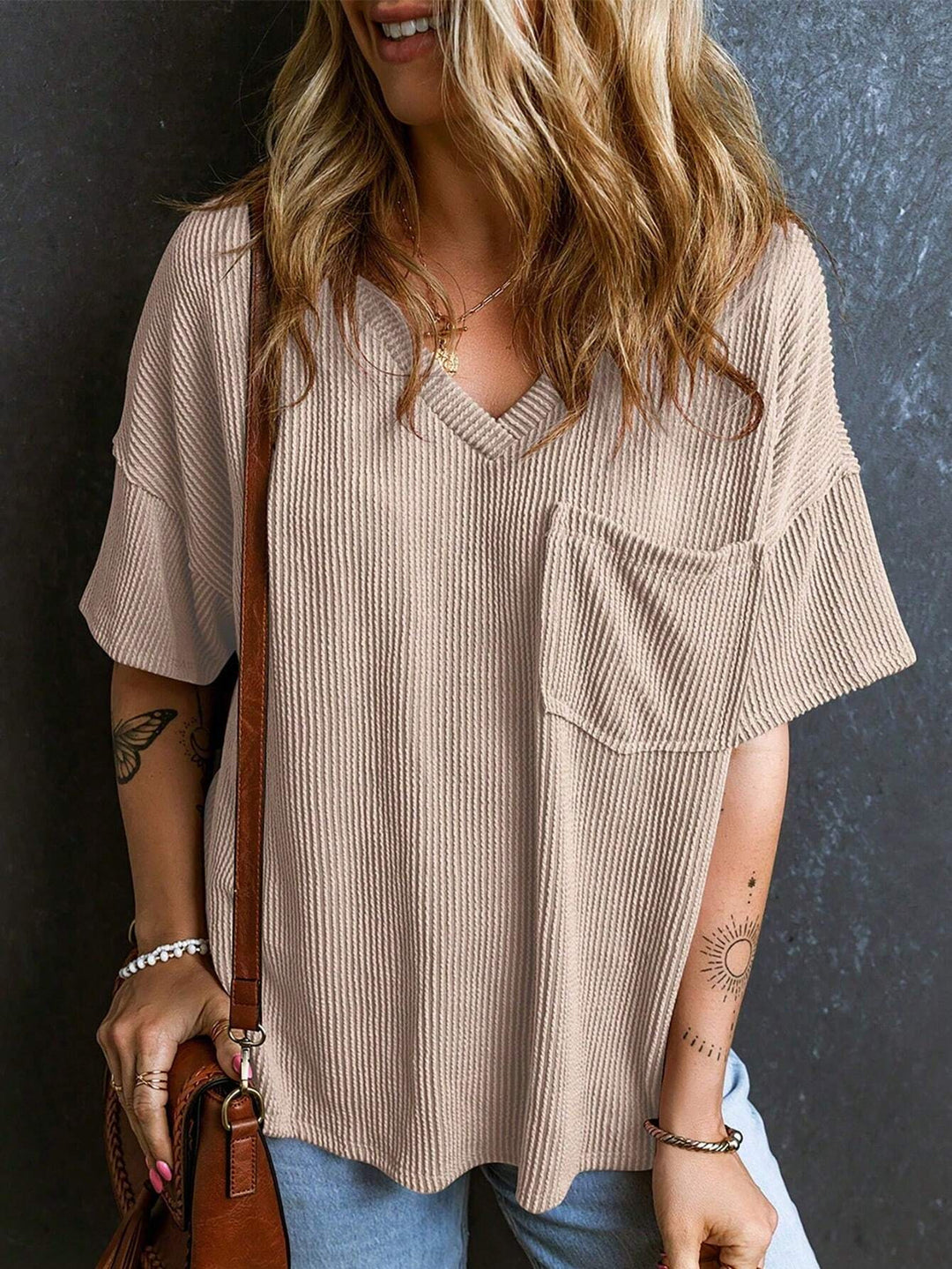 Damen Lässiges Rippstrick Oversize T-Shirt mit V-Ausschnitt und Brusttasche Drune